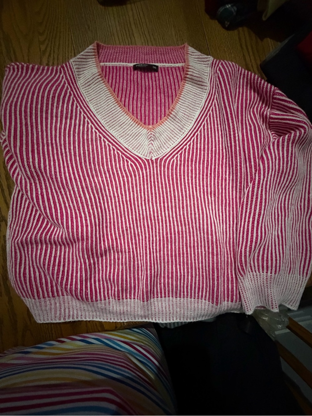 SHEIN Hot Pink Striped V-Neck Drop Shoulder Sweater - Picture 5 of 6